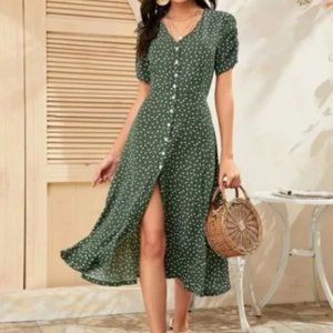 Boho green ditsy floral button through slit dress